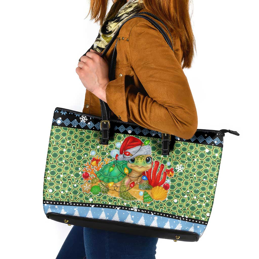 Micronesia Christmas Leather Tote Bag with Santa Turtle Coral Reef and Holiday Ocean Pattern - Polynesian Pride