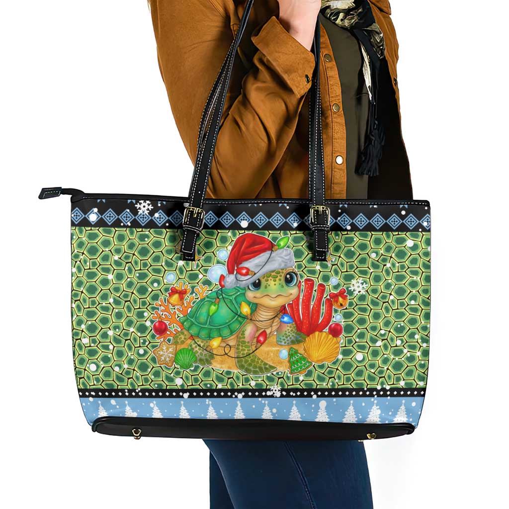 Micronesia Christmas Leather Tote Bag with Santa Turtle Coral Reef and Holiday Ocean Pattern - Polynesian Pride
