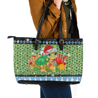Micronesia Christmas Leather Tote Bag with Santa Turtle Coral Reef and Holiday Ocean Pattern - Polynesian Pride