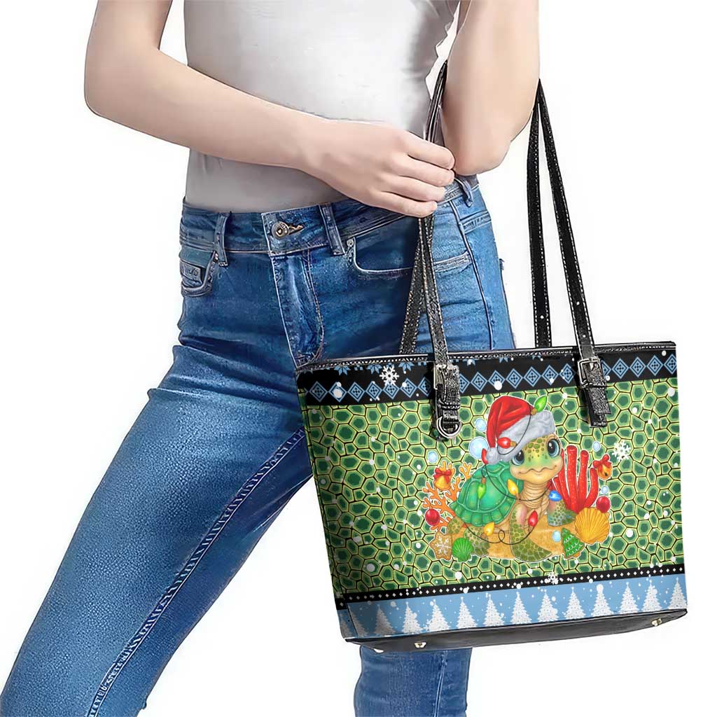 Micronesia Christmas Leather Tote Bag with Santa Turtle Coral Reef and Holiday Ocean Pattern - Polynesian Pride