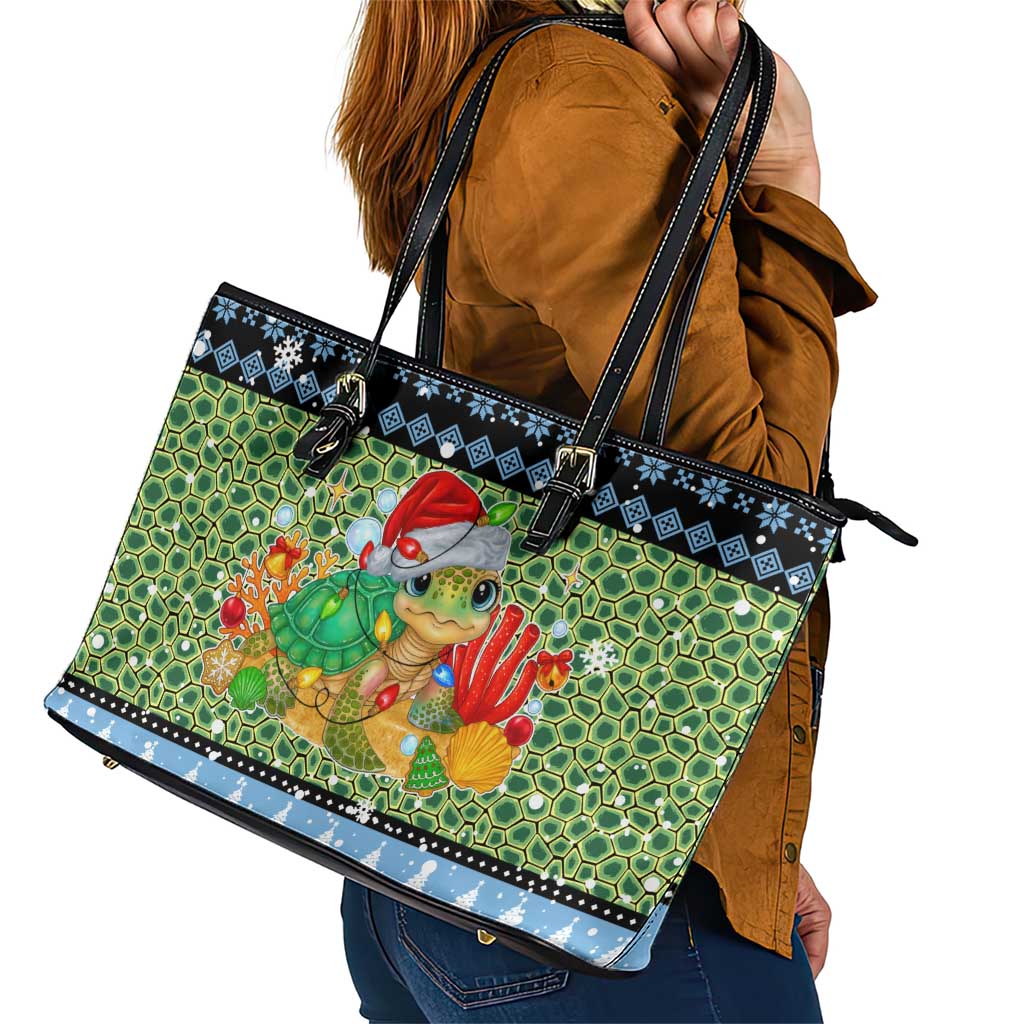 Micronesia Christmas Leather Tote Bag with Santa Turtle Coral Reef and Holiday Ocean Pattern - Polynesian Pride