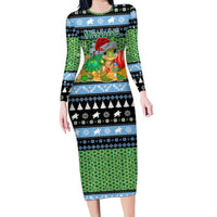 Micronesia Christmas Long Sleeve Bodycon Dress with Santa Turtle Coral Reef and Holiday Ocean Pattern - Polynesian Pride