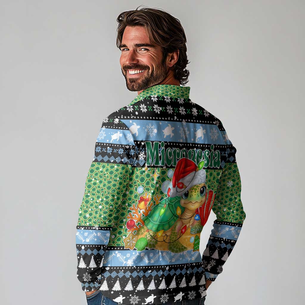 Micronesia Christmas Long Sleeve Polo Shirt with Santa Turtle Coral Reef and Holiday Ocean Pattern - Polynesian Pride