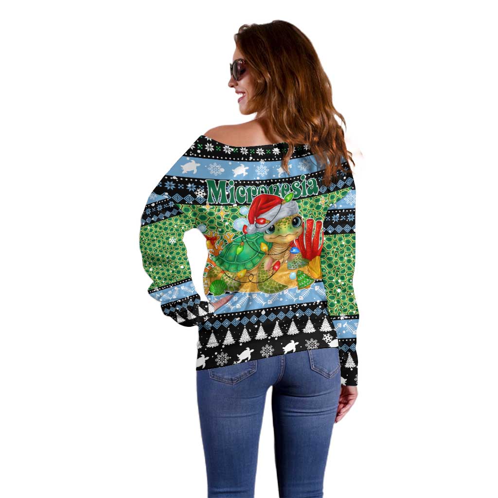 Micronesia Christmas Off Shoulder Sweater with Santa Turtle Coral Reef and Holiday Ocean Pattern - Polynesian Pride