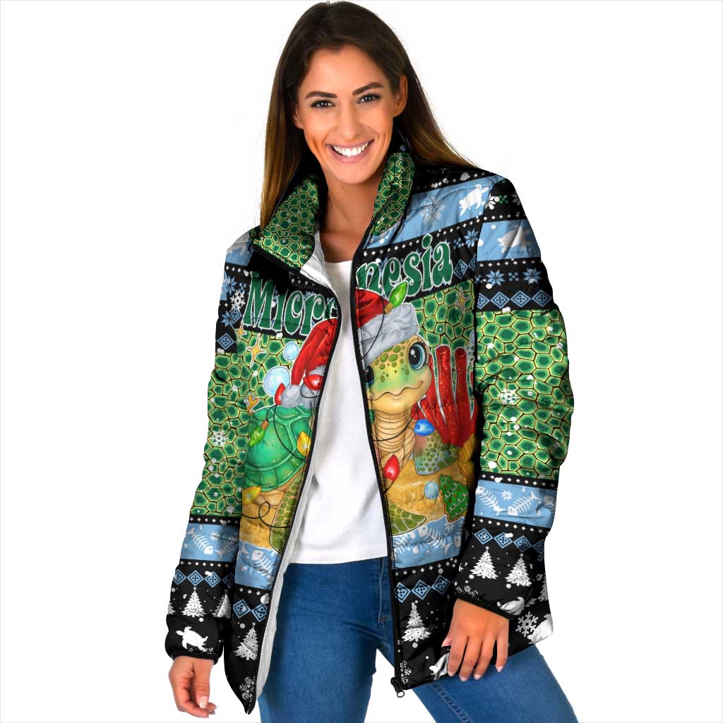 Micronesia Christmas Padded Jacket with Santa Turtle Coral Reef and Holiday Ocean Pattern - Polynesian Pride