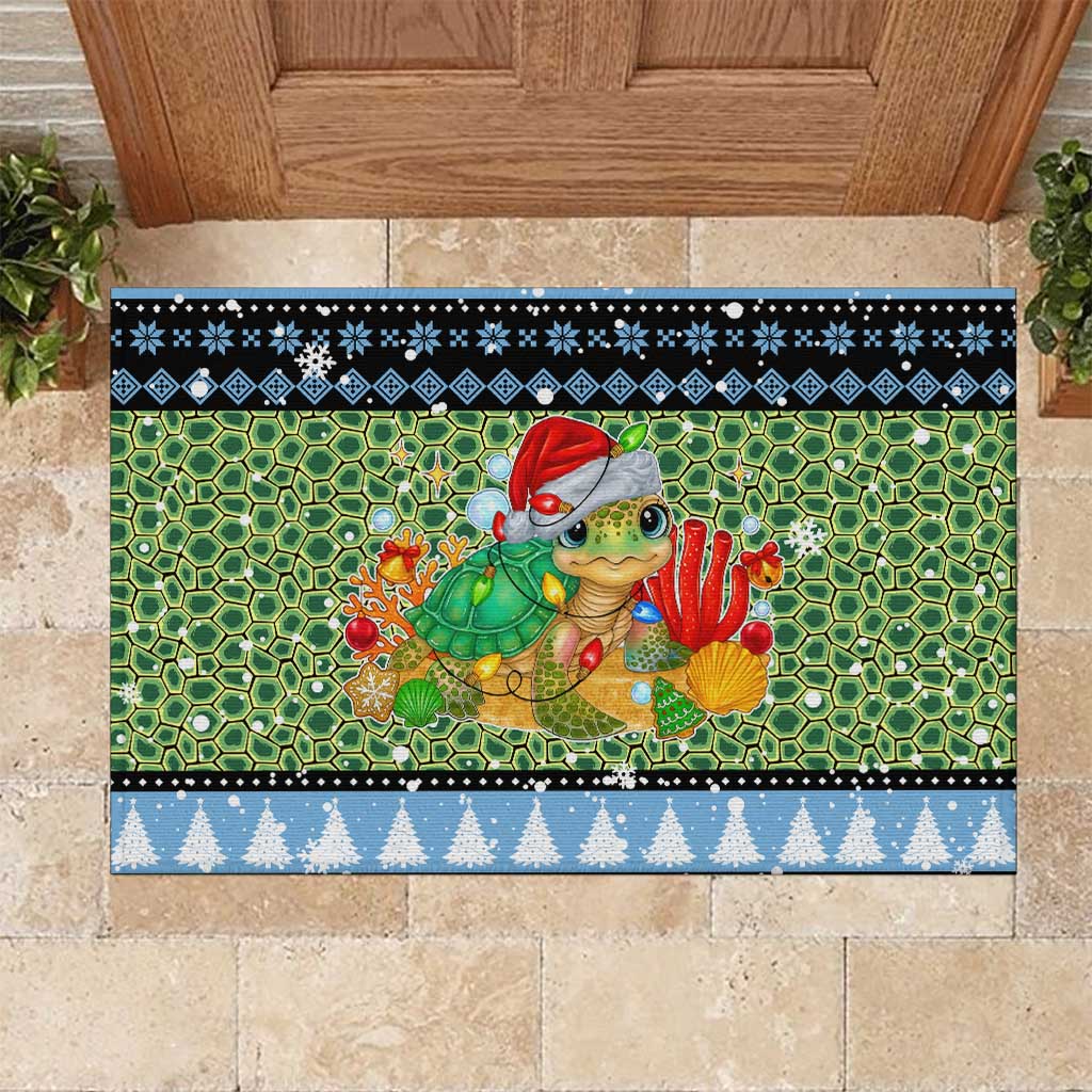 Micronesia Christmas Rubber Doormat with Santa Turtle Coral Reef and Holiday Ocean Pattern - Polynesian Pride