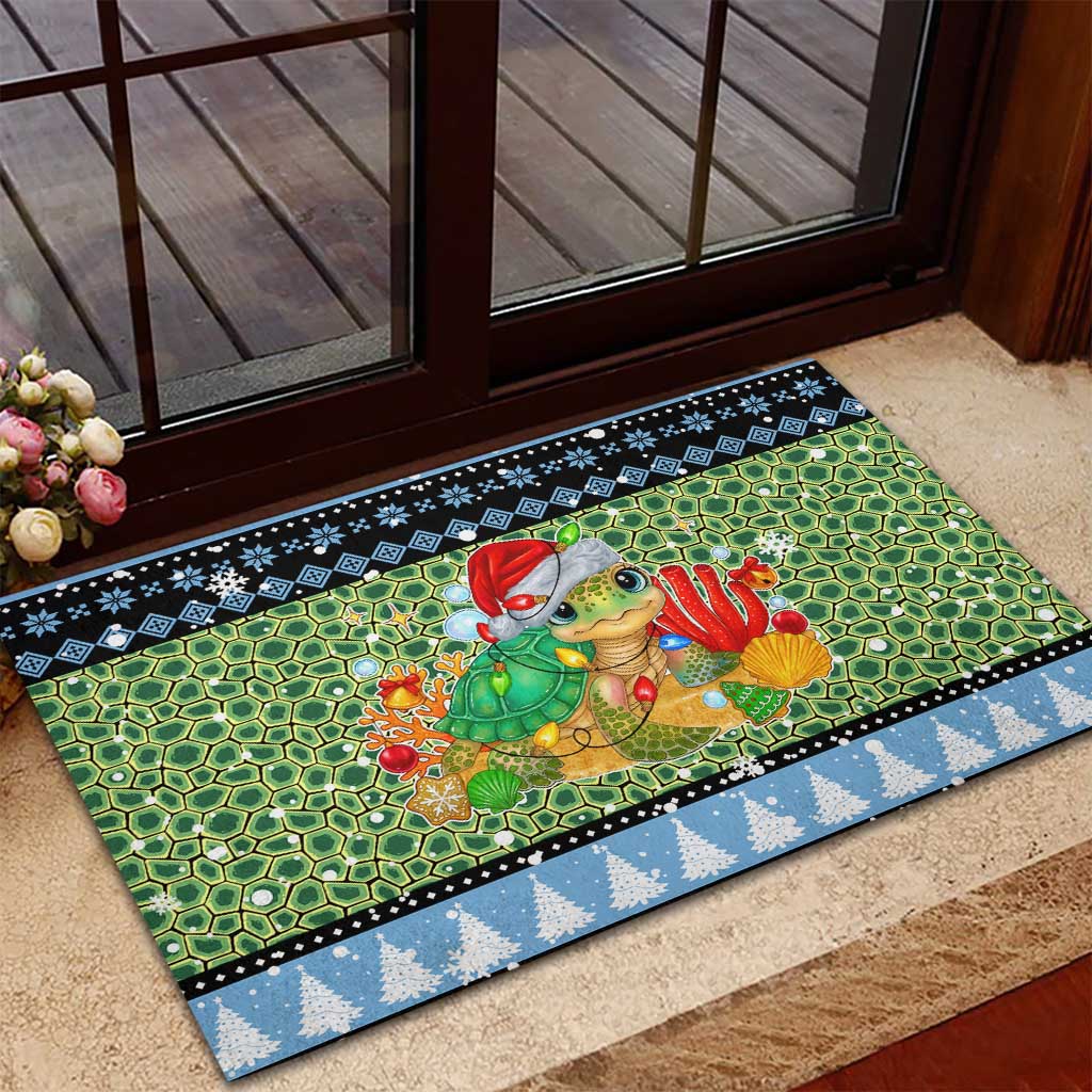 Micronesia Christmas Rubber Doormat with Santa Turtle Coral Reef and Holiday Ocean Pattern - Polynesian Pride