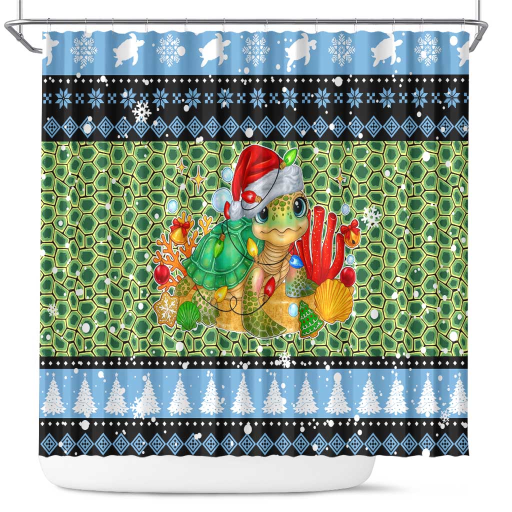 Micronesia Christmas Shower Curtain with Santa Turtle Coral Reef and Holiday Ocean Pattern - Polynesian Pride