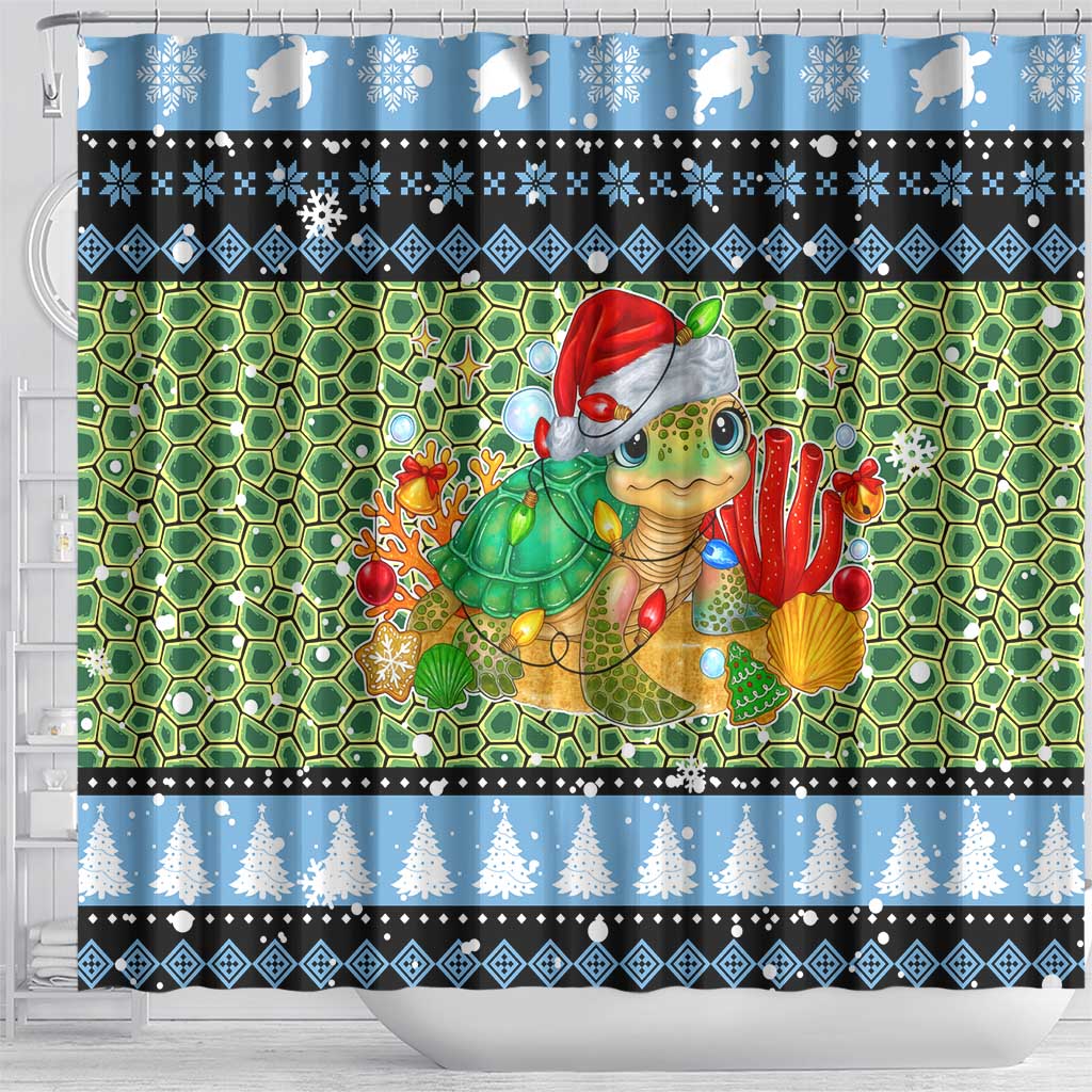 Micronesia Christmas Shower Curtain with Santa Turtle Coral Reef and Holiday Ocean Pattern - Polynesian Pride