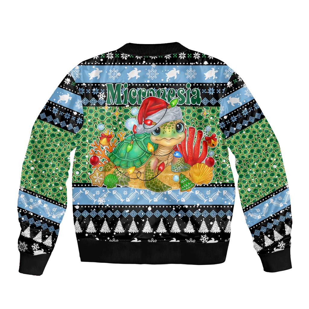 Micronesia Christmas Sleeve Zip Bomber Jacket with Santa Turtle Coral Reef and Holiday Ocean Pattern - Polynesian Pride