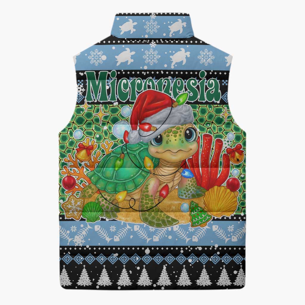 Micronesia Christmas Sleeveless Puffer Jacket with Santa Turtle Coral Reef and Holiday Ocean Pattern - Polynesian Pride