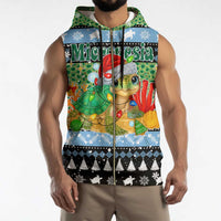 Micronesia Christmas Sleeveless Zip Hoodie with Santa Turtle Coral Reef and Holiday Ocean Pattern - Polynesian Pride