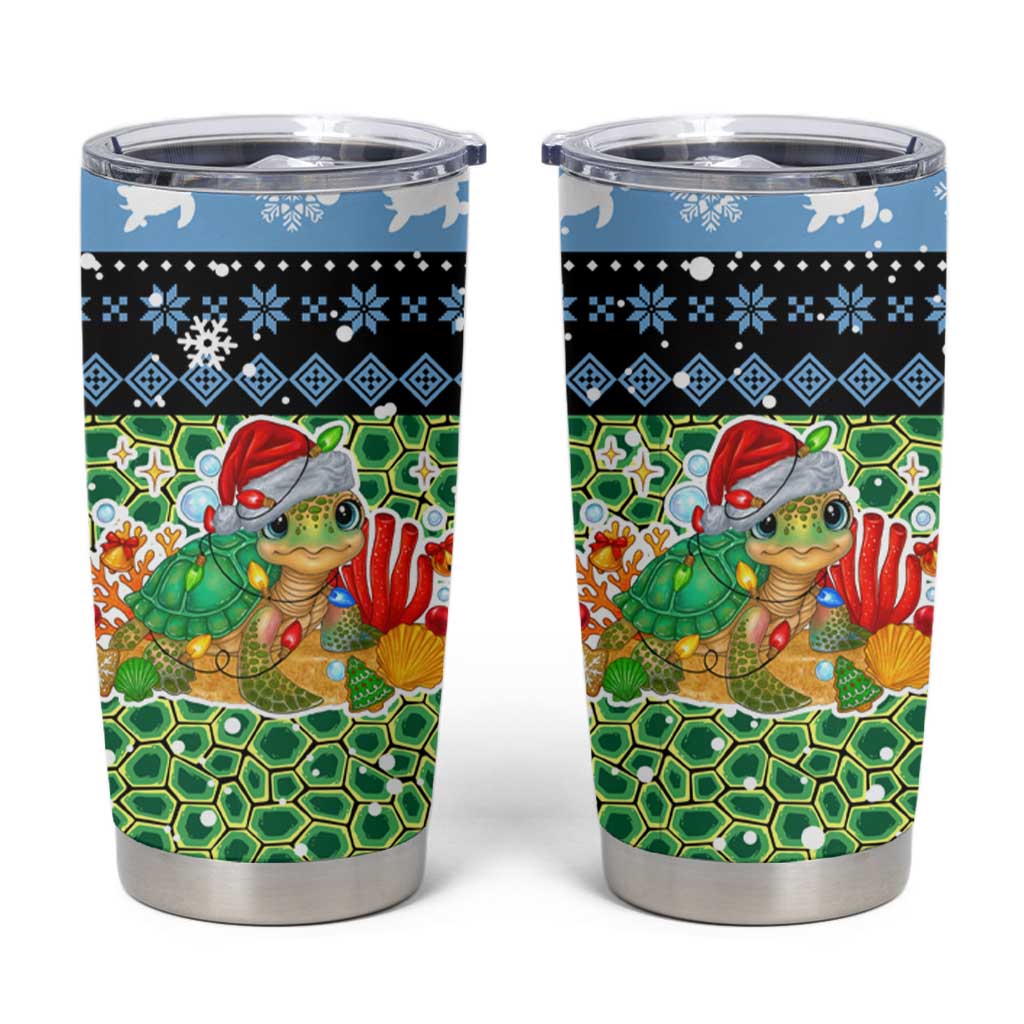Micronesia Christmas Tumbler Cup with Santa Turtle Coral Reef and Holiday Ocean Pattern - Polynesian Pride