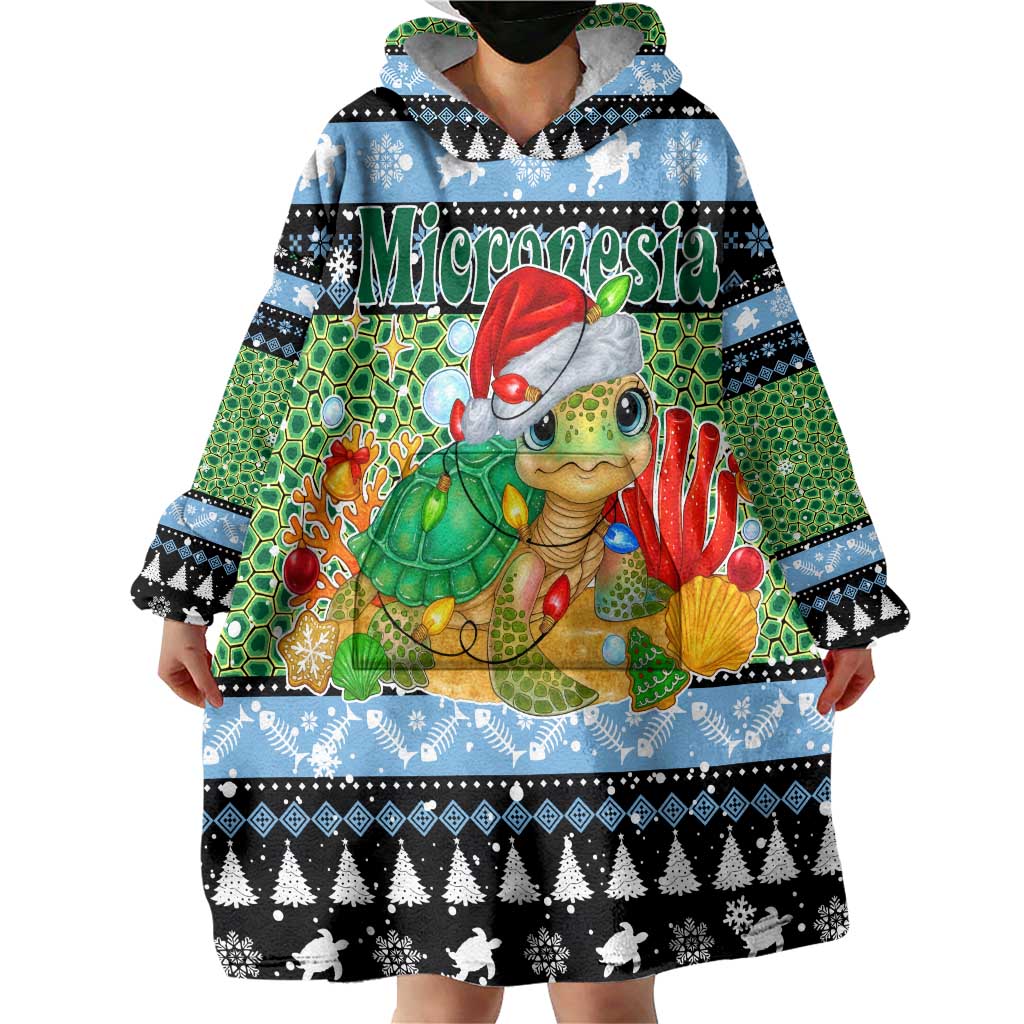 Micronesia Christmas Wearable Blanket Hoodie with Santa Turtle Coral Reef and Holiday Ocean Pattern - Polynesian Pride