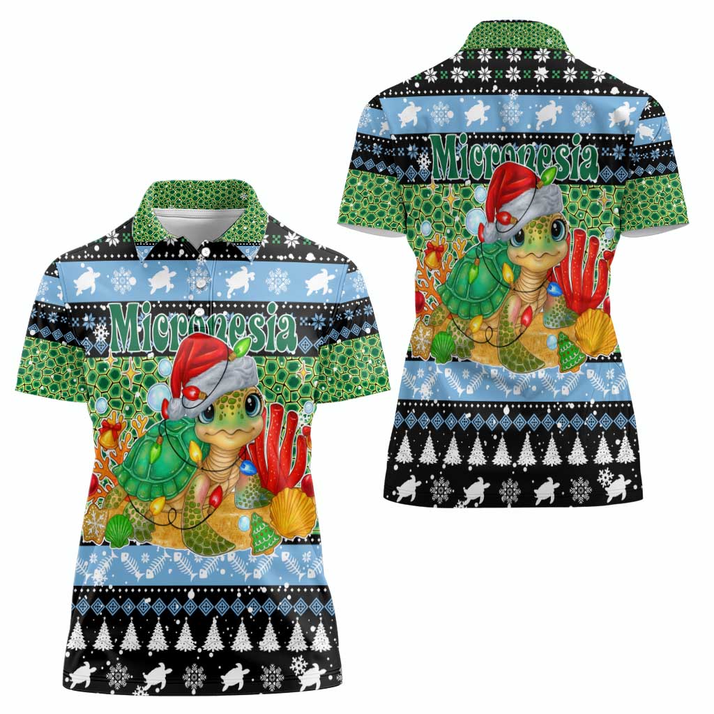 Micronesia Christmas Women Polo Shirt with Santa Turtle Coral Reef and Holiday Ocean Pattern - Polynesian Pride