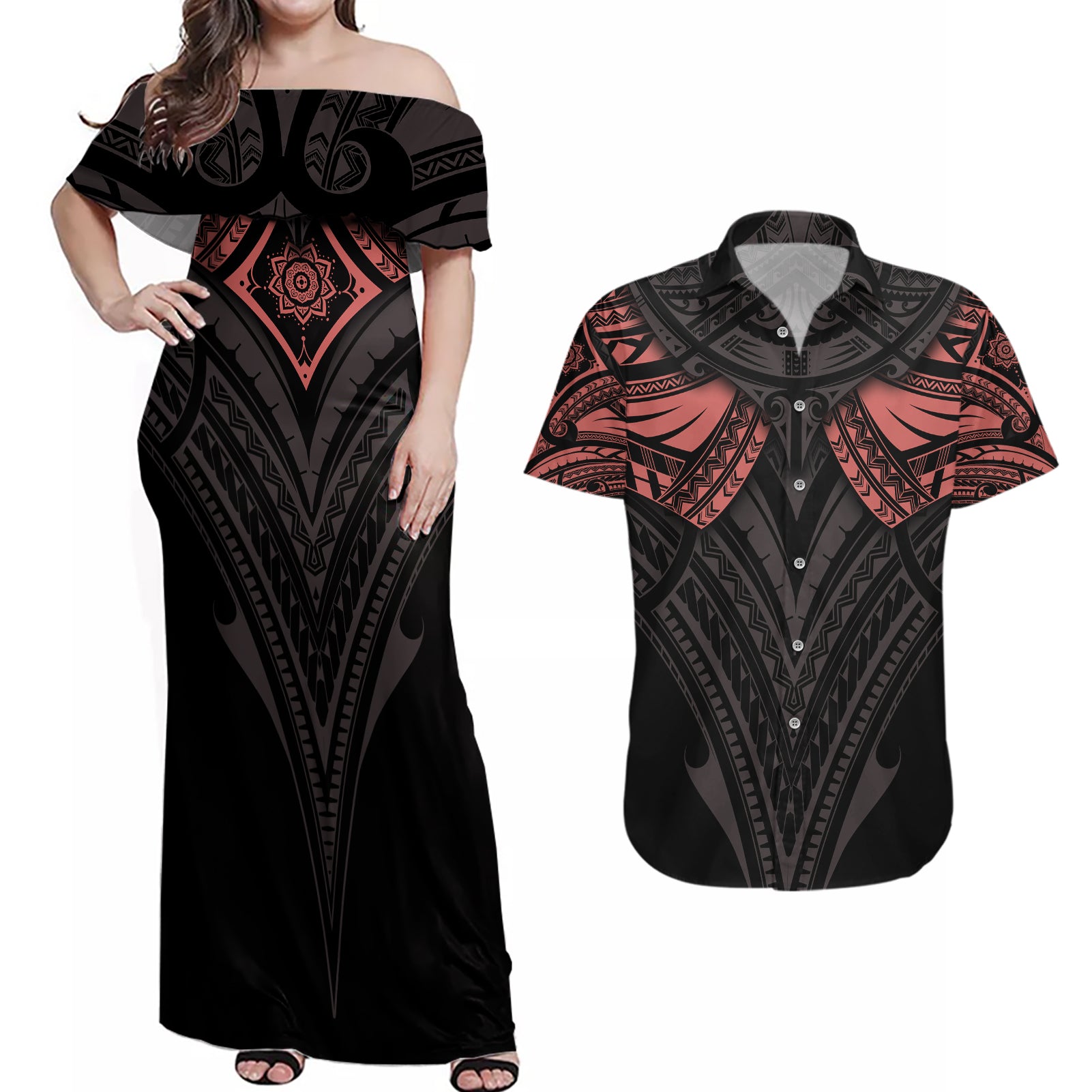 Feminine Polynesian Couples Matching Off Shoulder Maxi Dress and Hawaiian Shirt Mandala Tattoo Style TS04 Black - Polynesian Pride