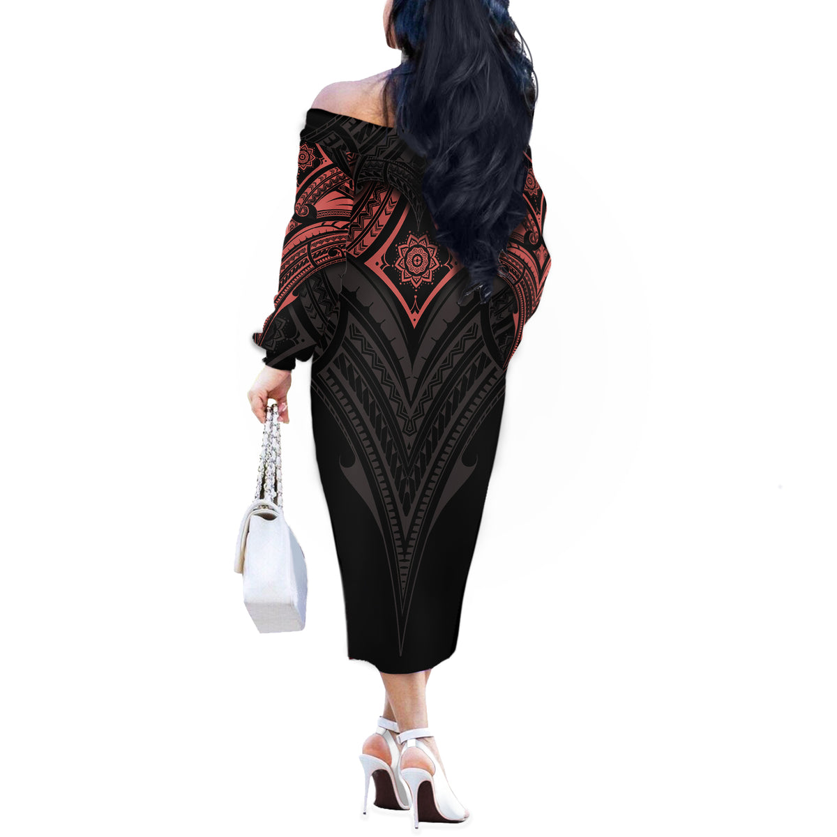 Feminine Polynesian Off The Shoulder Long Sleeve Dress Mandala Tattoo Style TS04 - Polynesian Pride