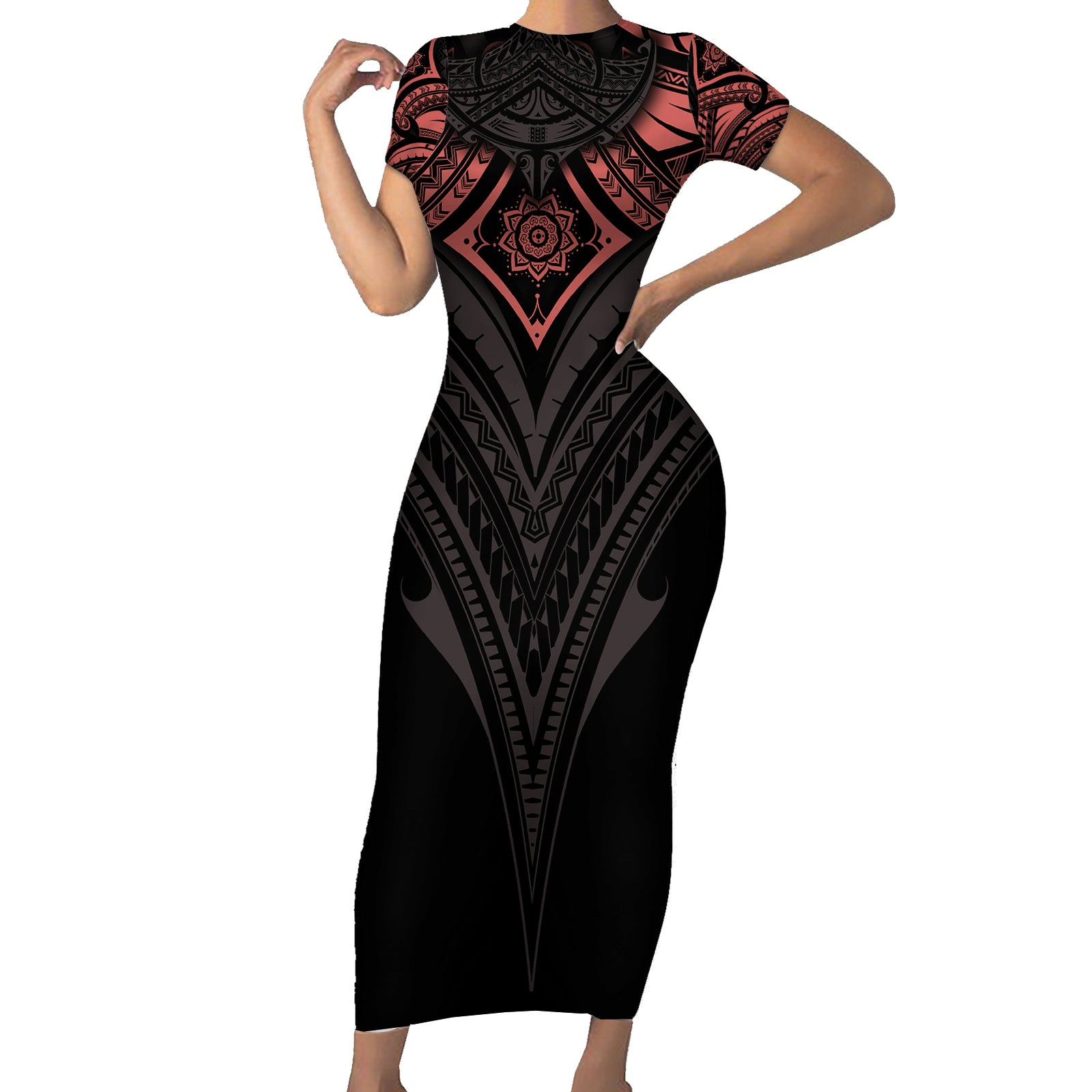 Feminine Polynesian Short Sleeve Bodycon Dress Mandala Tattoo Style TS04 Long Dress Black - Polynesian Pride