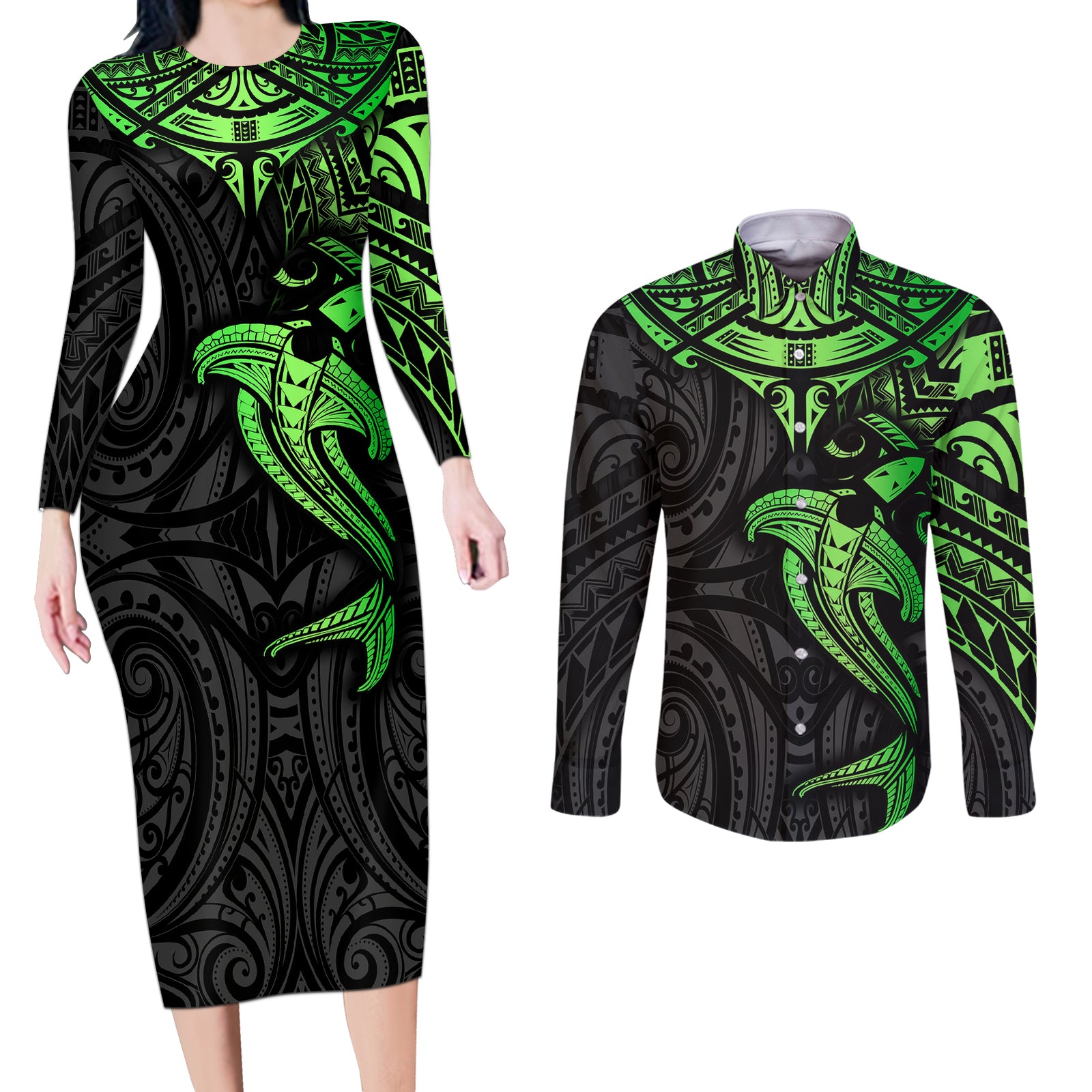 Polynesian Couples Matching Long Sleeve Bodycon Dress and Long Sleeve Button Shirts Hammerhead Shark Tribal Pattern Black Green Version TS04 Black Green - Polynesian Pride