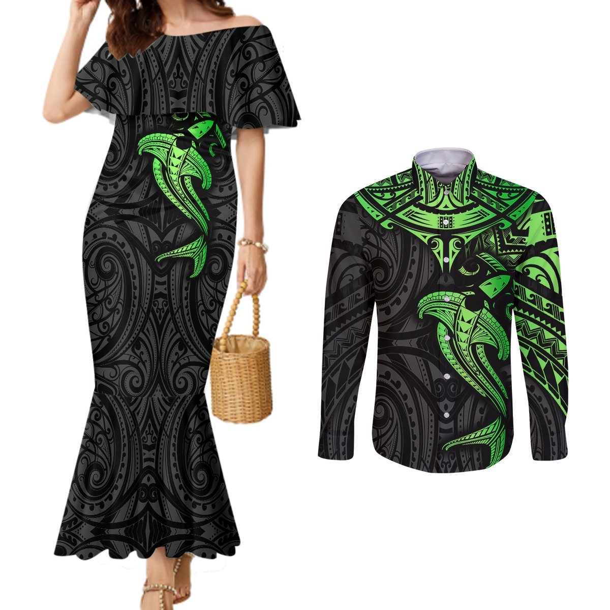 Polynesian Couples Matching Mermaid Dress and Long Sleeve Button Shirts Hammerhead Shark Tribal Pattern Black Green Version TS04 Black Green - Polynesian Pride