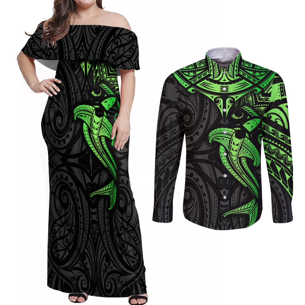 Polynesian Couples Matching Off Shoulder Maxi Dress and Long Sleeve Button Shirts Hammerhead Shark Tribal Pattern Black Green Version TS04 Black Green - Polynesian Pride