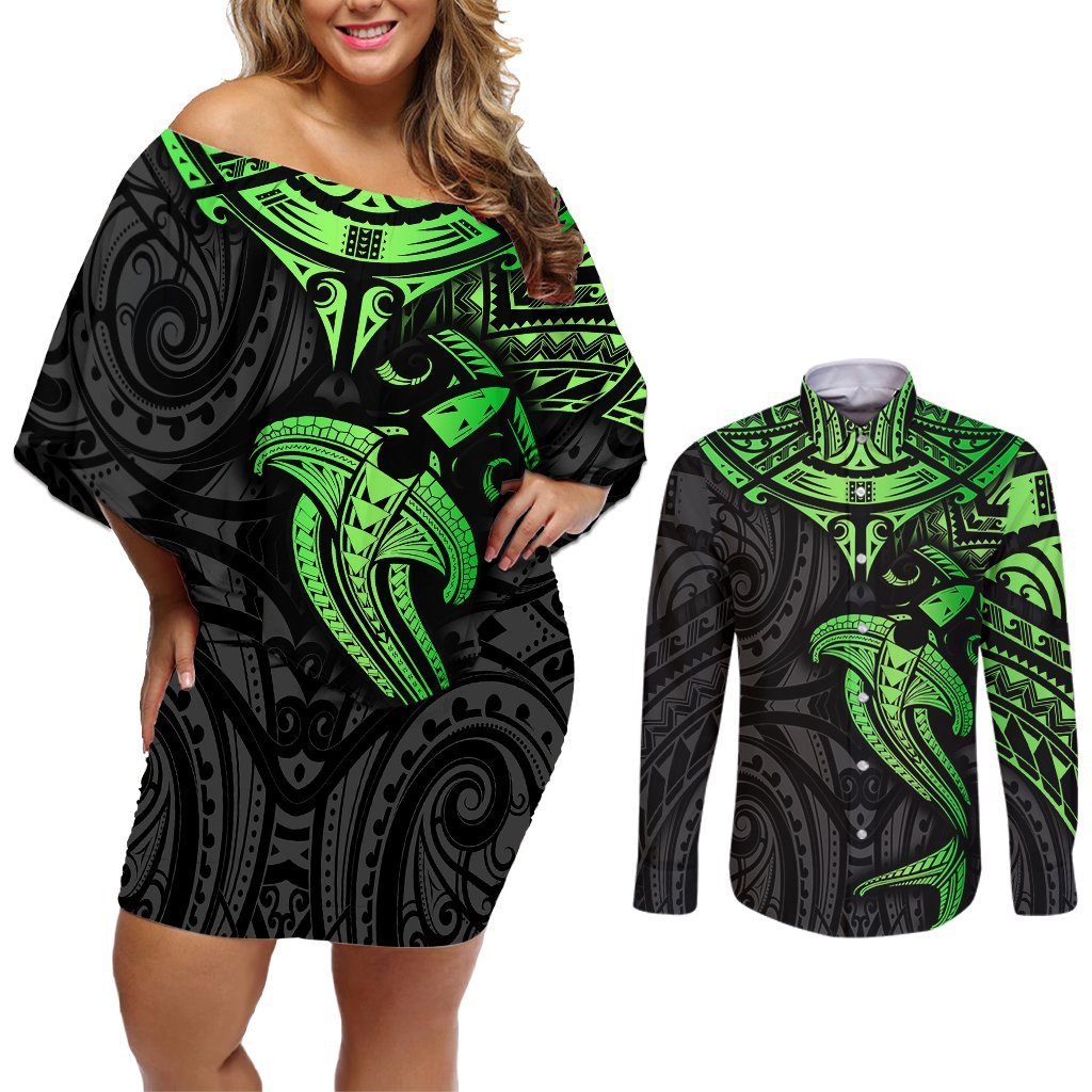 Polynesian Couples Matching Off Shoulder Short Dress and Long Sleeve Button Shirts Hammerhead Shark Tribal Pattern Black Green Version TS04 Black Green - Polynesian Pride