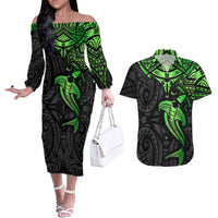 Polynesian Couples Matching Off The Shoulder Long Sleeve Dress and Hawaiian Shirt Hammerhead Shark Tribal Pattern Black Green Version TS04 Black/Green - Polynesian Pride