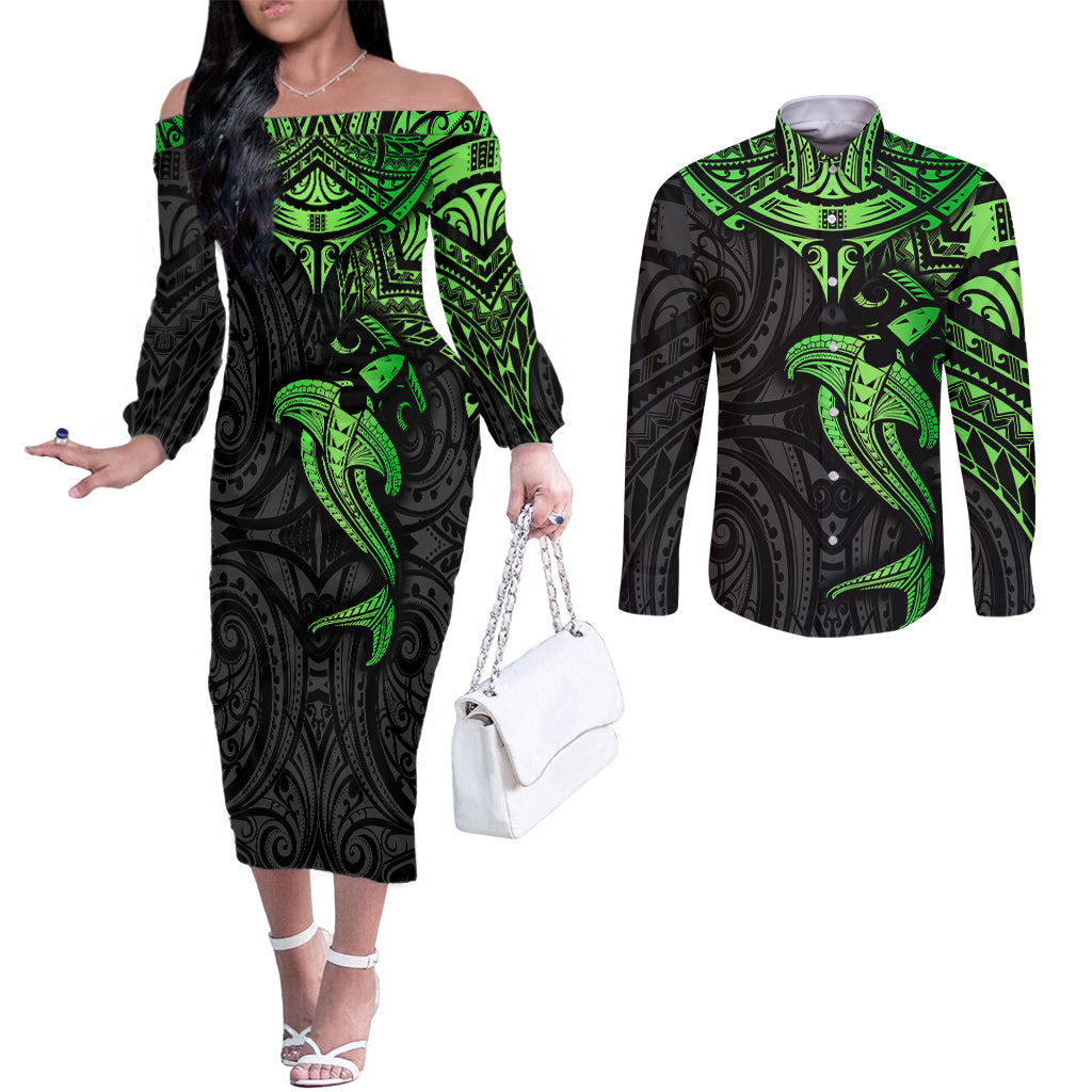 Polynesian Couples Matching Off The Shoulder Long Sleeve Dress and Long Sleeve Button Shirts Hammerhead Shark Tribal Pattern Black Green Version TS04 Black Green - Polynesian Pride