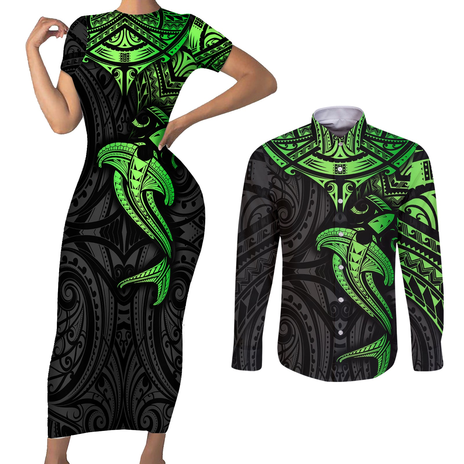 Polynesian Couples Matching Short Sleeve Bodycon Dress and Long Sleeve Button Shirts Hammerhead Shark Tribal Pattern Black Green Version TS04 Black Green - Polynesian Pride