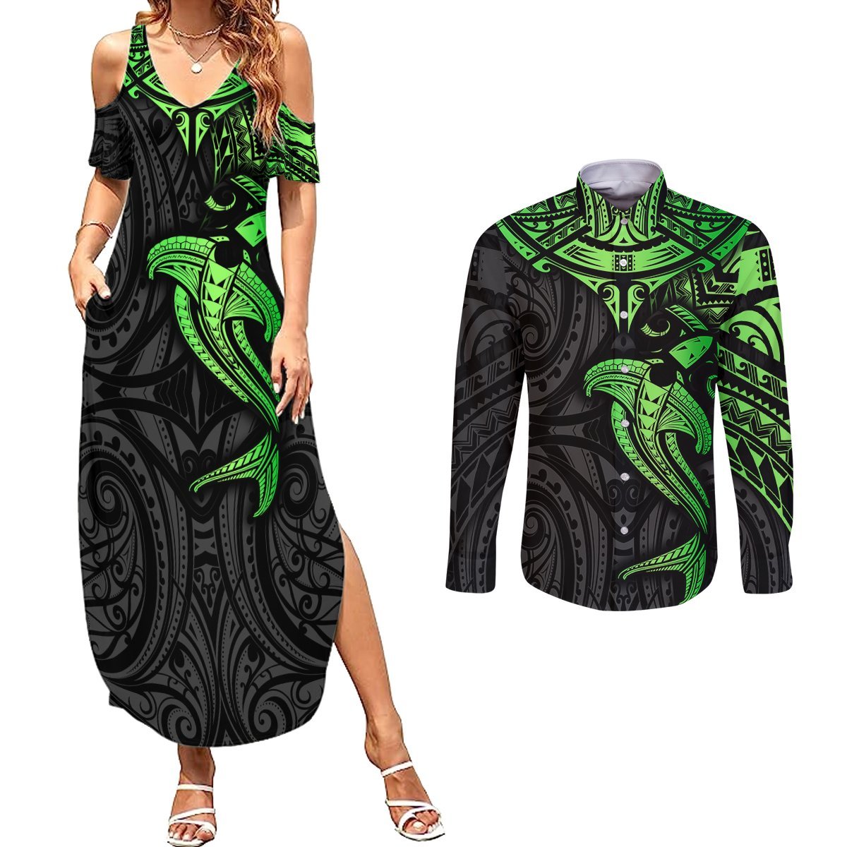 Polynesian Couples Matching Summer Maxi Dress and Long Sleeve Button Shirts Hammerhead Shark Tribal Pattern Black Green Version TS04 Black Green - Polynesian Pride