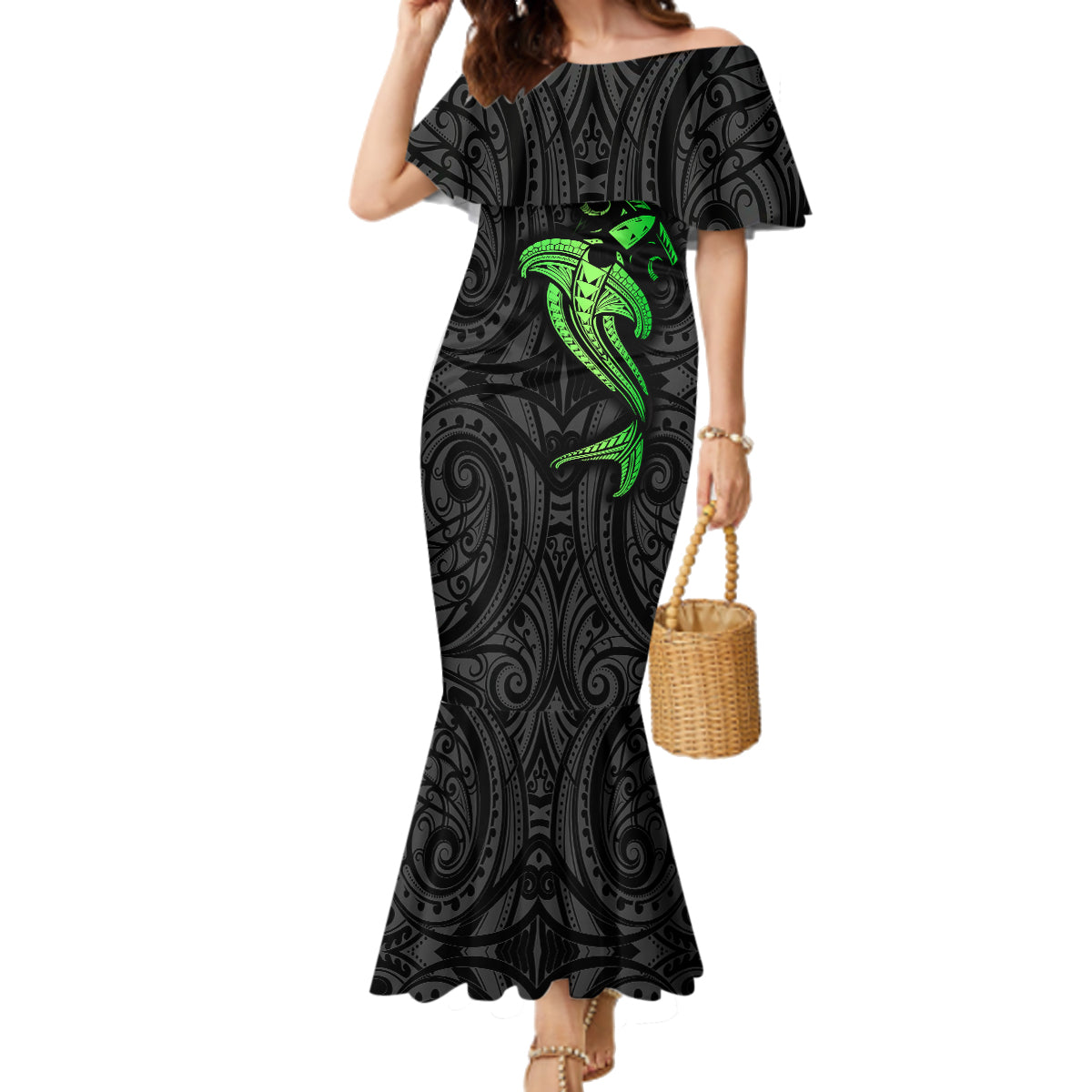 Polynesian Family Matching Mermaid Dress and Hawaiian Shirt Hammerhead Shark Tribal Pattern Black Green Version TS04 Mom's Dress Black/Green - Polynesian Pride