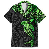 Polynesian Family Matching Puletasi Dress and Hawaiian Shirt Hammerhead Shark Tribal Pattern Black Green Version TS04 Dad's Shirt - Short Sleeve Black/Green - Polynesian Pride
