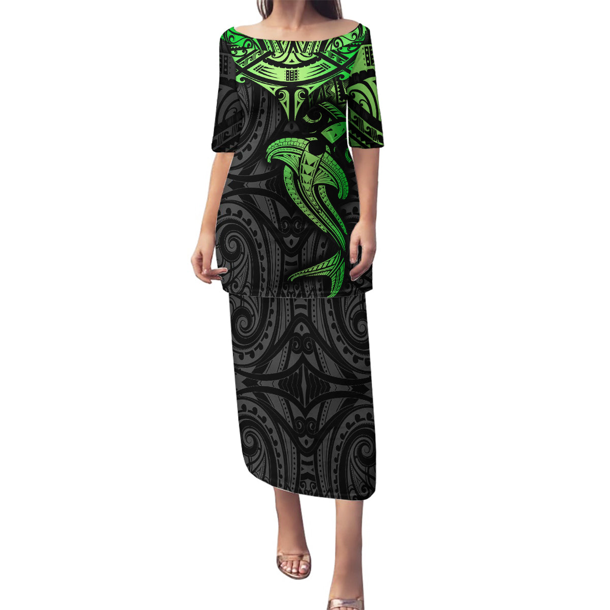 Polynesian Family Matching Puletasi Dress and Hawaiian Shirt Hammerhead Shark Tribal Pattern Black Green Version TS04 Mom's Dress Black/Green - Polynesian Pride