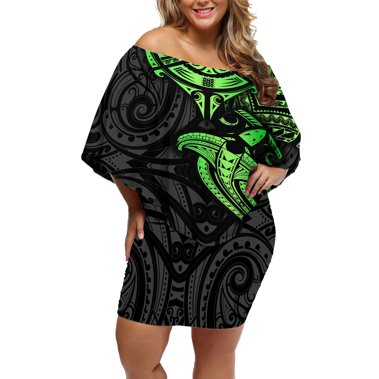 Polynesian Off Shoulder Short Dress Hammerhead Shark Tribal Pattern Black Green Version TS04 Women Black/Green - Polynesian Pride