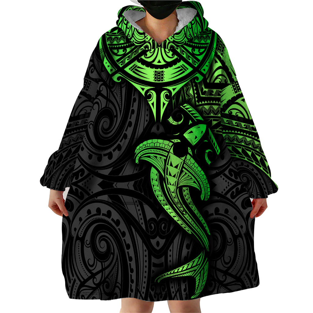 Polynesian Wearable Blanket Hoodie Hammerhead Shark Tribal Pattern Black Green Version TS04 - Polynesian Pride