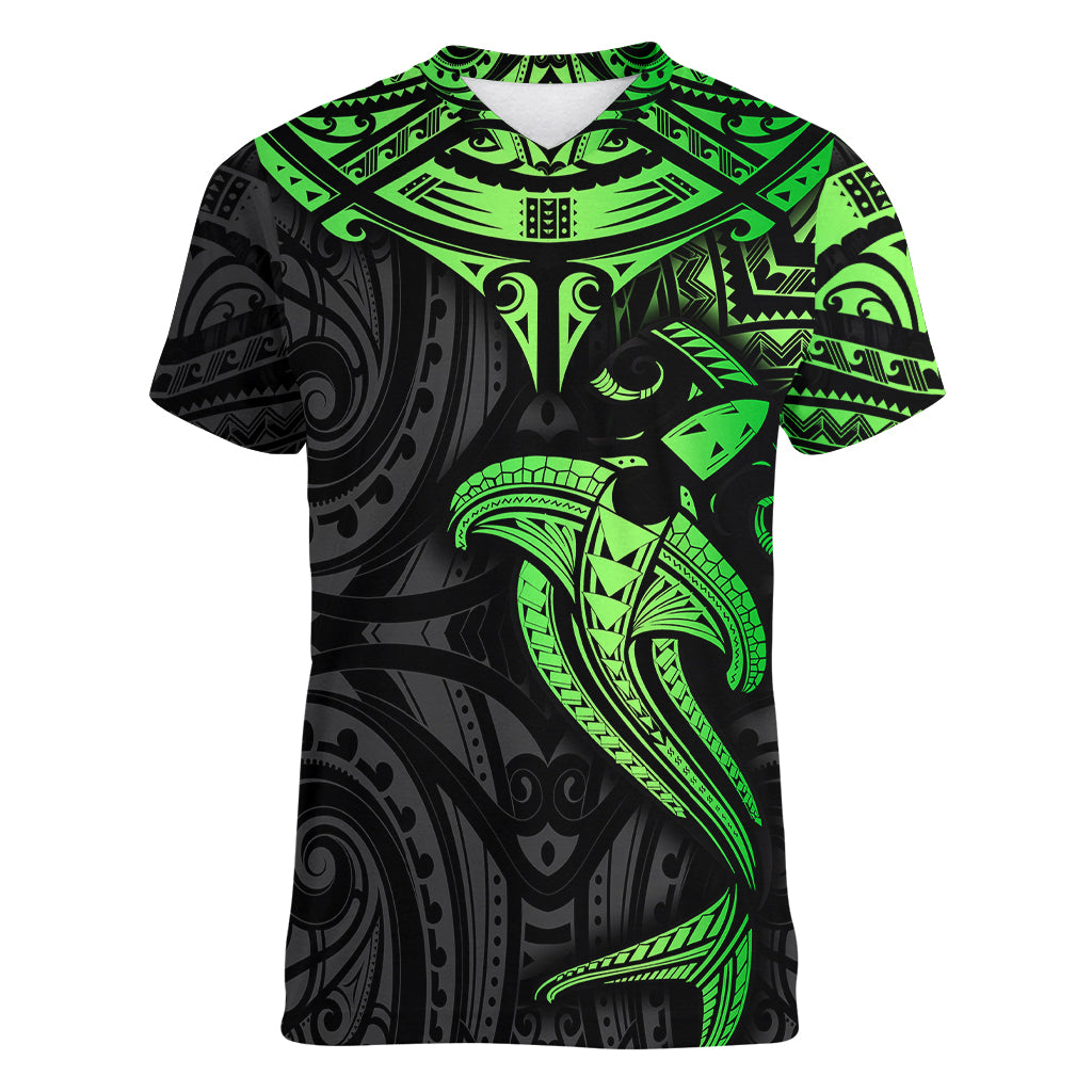 Polynesian Women V Neck T Shirt Hammerhead Shark Tribal Pattern Black Green Version TS04 Female Black/Green - Polynesian Pride