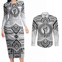 Aiga Samoa Raised Fist Couples Matching Long Sleeve Bodycon Dress and Long Sleeve Button Shirt Polynesian Tribal Tattoo Art Family Pride TS04 White Black - Polynesian Pride