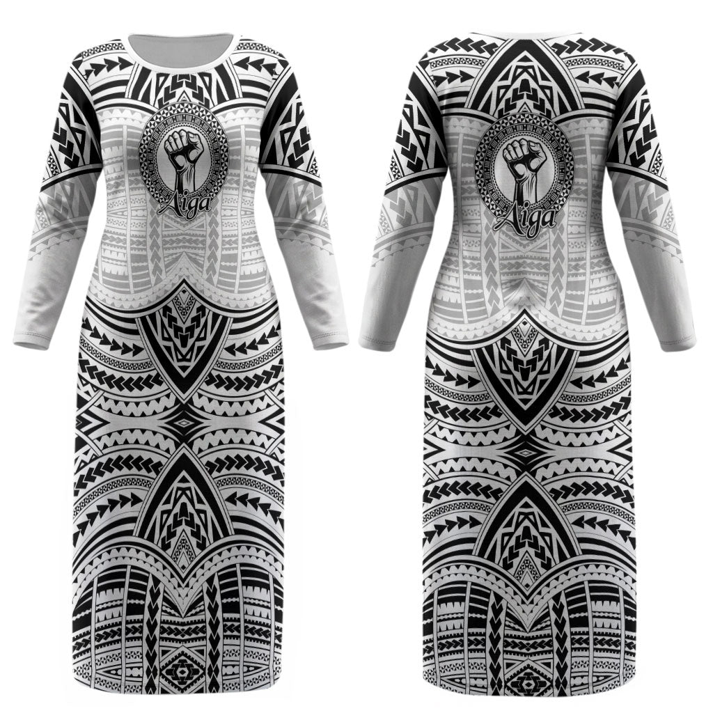 Aiga Samoa Raised Fist Couples Matching Long Sleeve Bodycon Dress and Long Sleeve Button Shirt Polynesian Tribal Tattoo Art Family Pride TS04 - Polynesian Pride