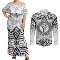 Aiga Samoa Raised Fist Couples Matching Off Shoulder Maxi Dress and Long Sleeve Button Shirt Polynesian Tribal Tattoo Art Family Pride TS04 White Black - Polynesian Pride