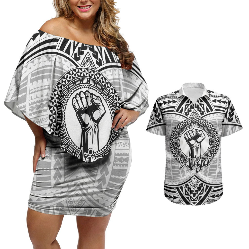 Aiga Samoa Raised Fist Couples Matching Off Shoulder Short Dress and Hawaiian Shirt Polynesian Tribal Tattoo Art Family Pride TS04 White Black - Polynesian Pride