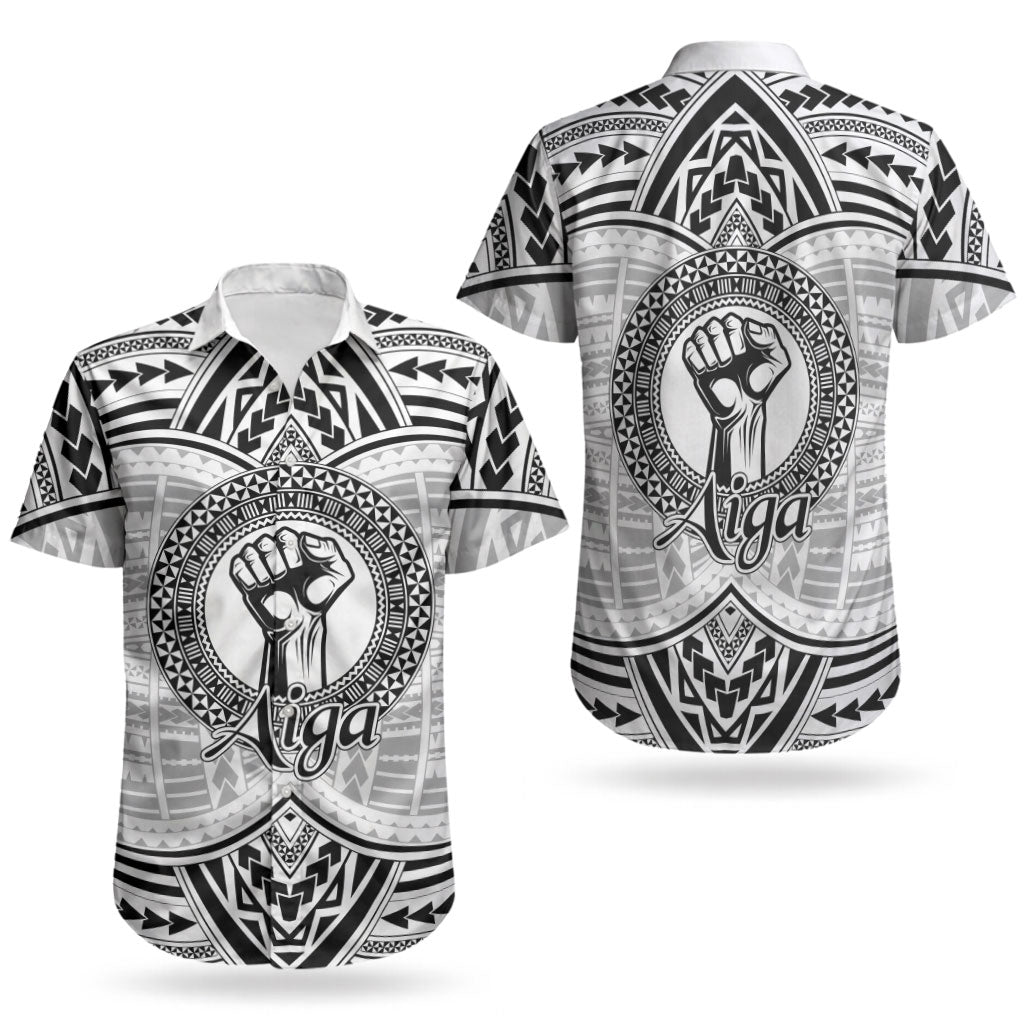 Aiga Samoa Raised Fist Couples Matching Off Shoulder Short Dress and Hawaiian Shirt Polynesian Tribal Tattoo Art Family Pride TS04 - Polynesian Pride