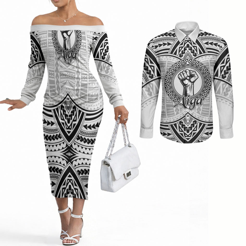 Aiga Samoa Raised Fist Couples Matching Off The Shoulder Long Sleeve Dress and Long Sleeve Button Shirt Polynesian Tribal Tattoo Art Family Pride TS04 White Black - Polynesian Pride