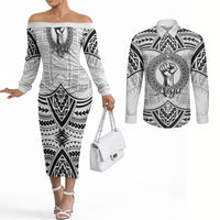 Aiga Samoa Raised Fist Couples Matching Off The Shoulder Long Sleeve Dress and Long Sleeve Button Shirt Polynesian Tribal Tattoo Art Family Pride TS04 White Black - Polynesian Pride