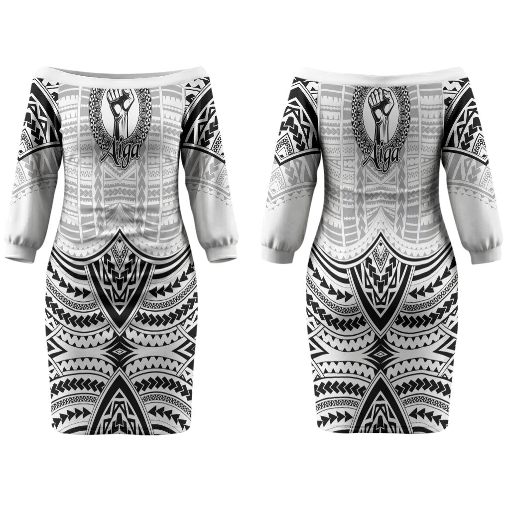 Aiga Samoa Raised Fist Couples Matching Off The Shoulder Long Sleeve Dress and Long Sleeve Button Shirt Polynesian Tribal Tattoo Art Family Pride TS04 - Polynesian Pride