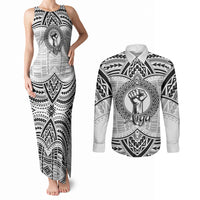 Aiga Samoa Raised Fist Couples Matching Tank Maxi Dress and Long Sleeve Button Shirt Polynesian Tribal Tattoo Art Family Pride TS04 White Black - Polynesian Pride