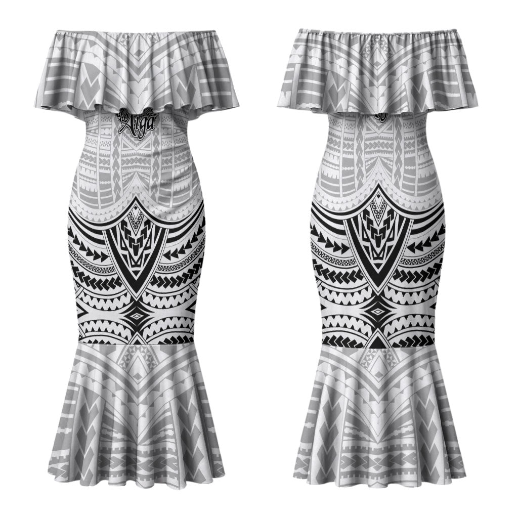 Aiga Samoa Raised Fist Family Matching Mermaid Dress and Hawaiian Shirt Polynesian Tribal Tattoo Art Family Pride TS04 Mom's Dress White Black - Polynesian Pride