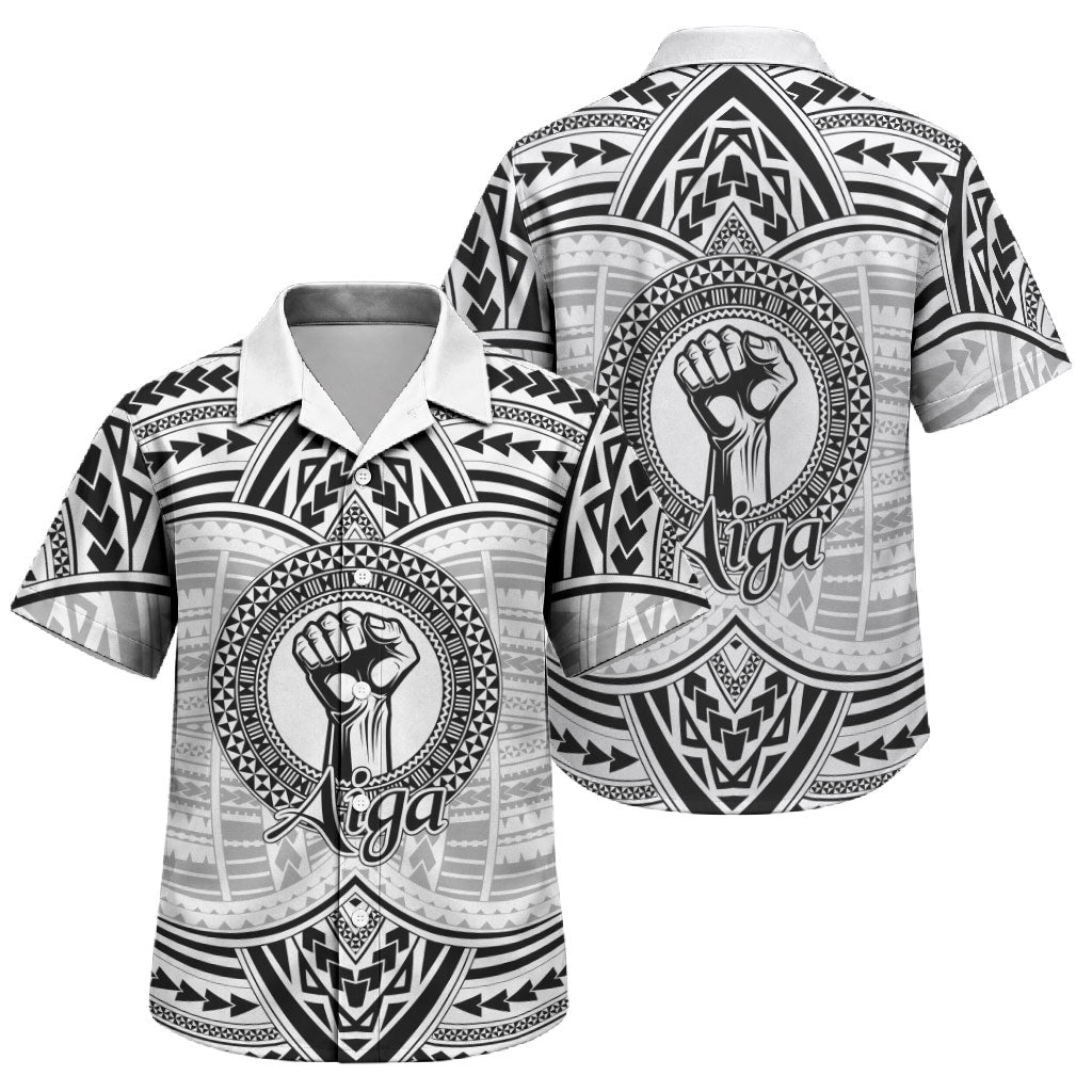 Aiga Samoa Raised Fist Family Matching Mermaid Dress and Hawaiian Shirt Polynesian Tribal Tattoo Art Family Pride TS04 Son's Shirt White Black - Polynesian Pride