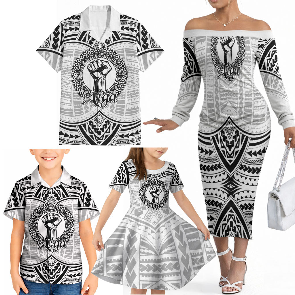 Aiga Samoa Raised Fist Family Matching Off The Shoulder Long Sleeve Dress and Hawaiian Shirt Polynesian Tribal Tattoo Art Family Pride TS04 - Polynesian Pride