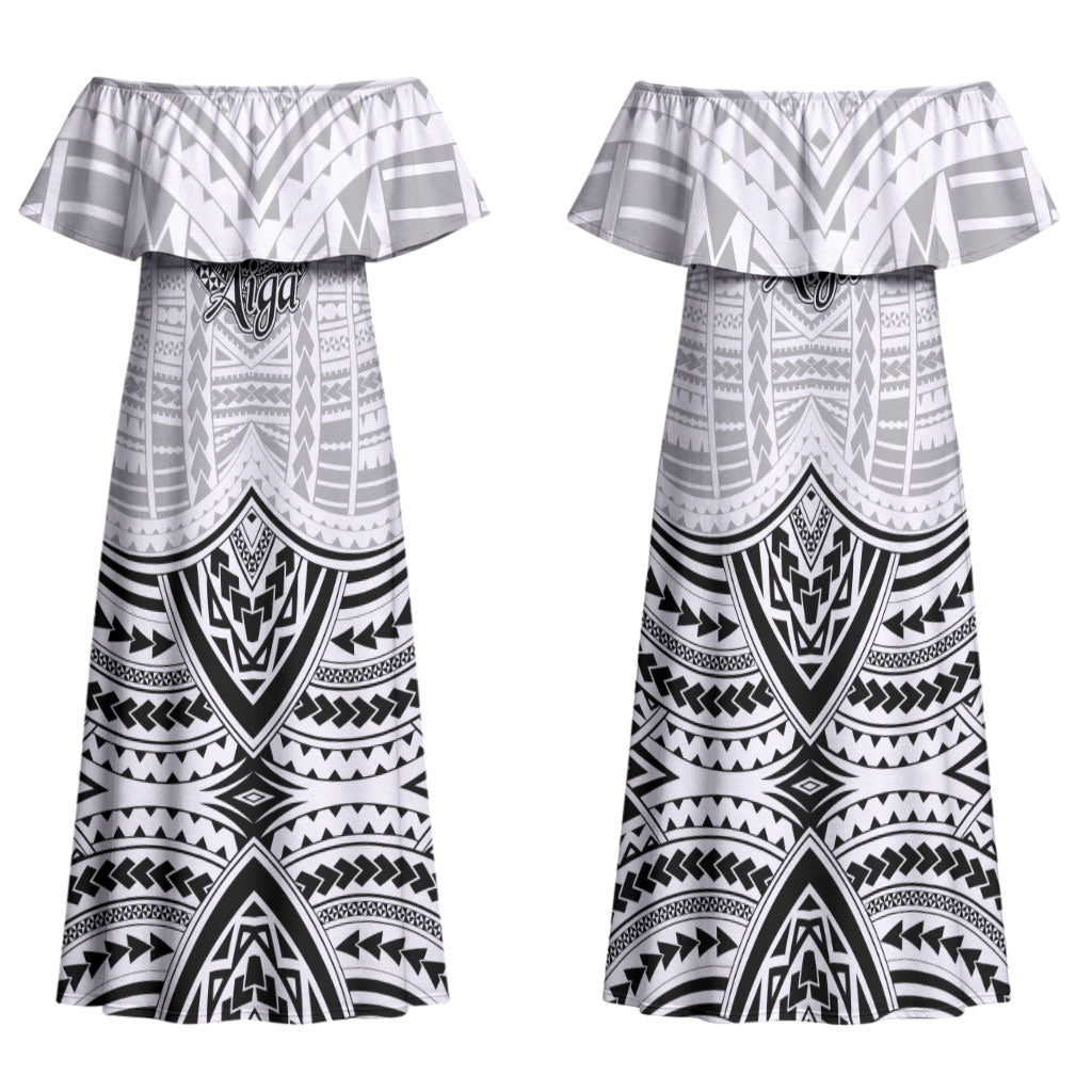 Aiga Samoa Raised Fist Family Matching Off Shoulder Maxi Dress and Hawaiian Shirt Polynesian Tribal Tattoo Art Family Pride TS04 Mom's Dress White Black - Polynesian Pride