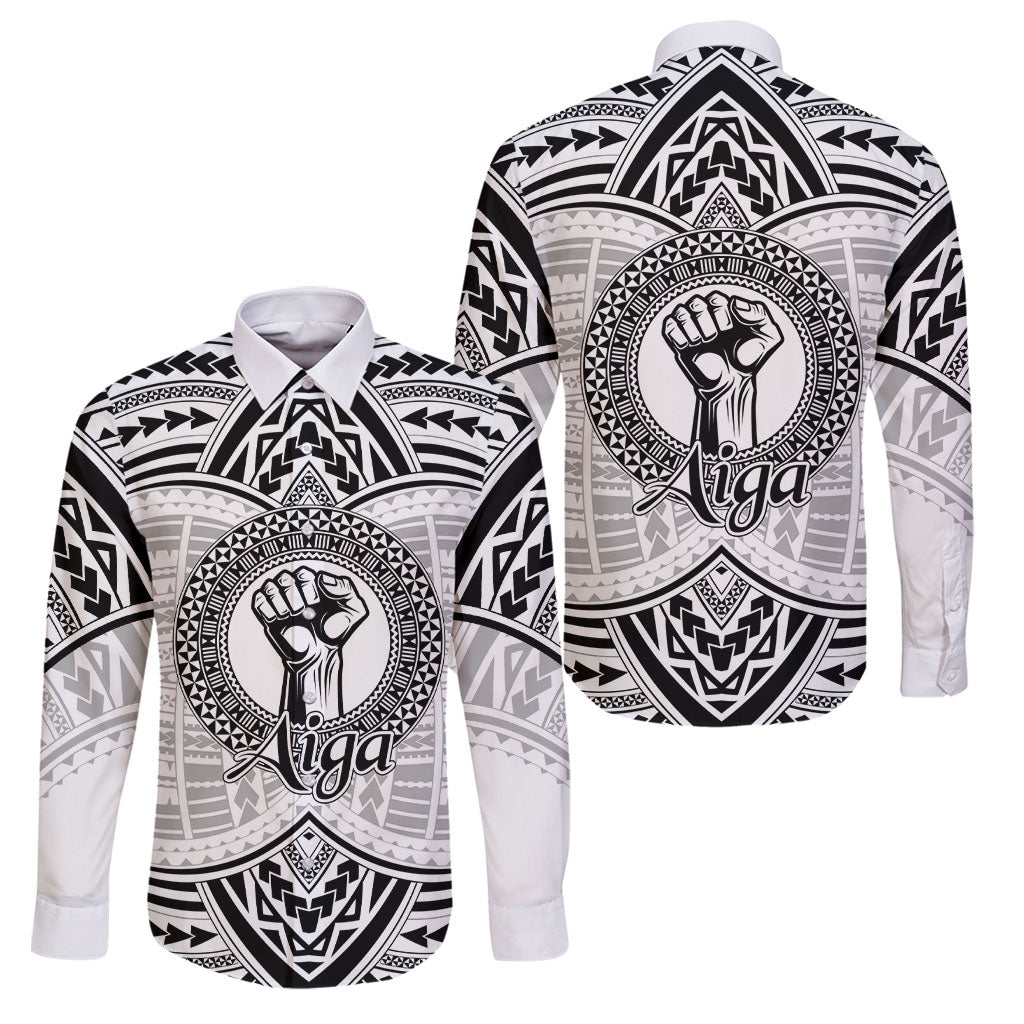 Aiga Samoa Raised Fist Family Matching Off Shoulder Maxi Dress and Hawaiian Shirt Polynesian Tribal Tattoo Art Family Pride TS04 Dad's Shirt - Long Sleeve White Black - Polynesian Pride